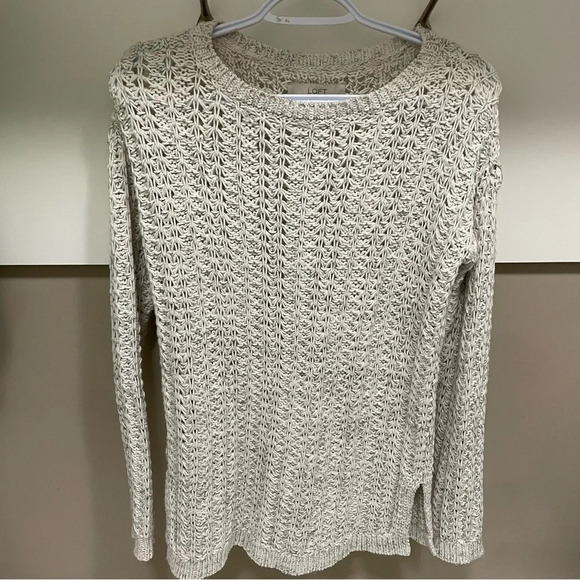 LOFT Ann Taylor Cotton Blend Loose Knit Sweater Women’s Small Off White & Gray - Picture 2 of 8